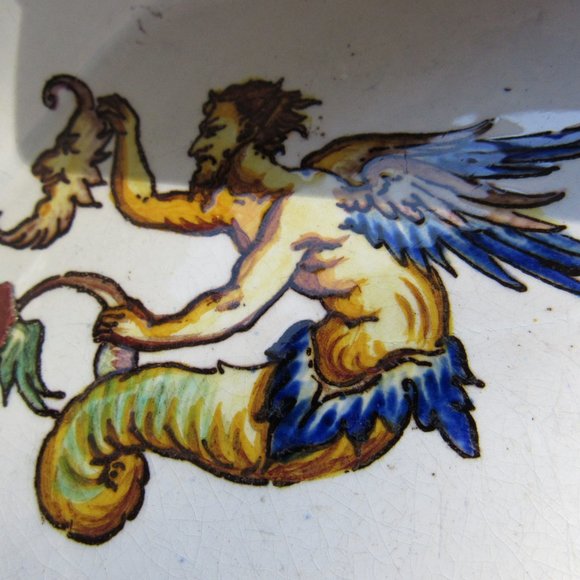 Antique French Faience MAJOLICA Serving Dish Mythical Creatures SIGNED - Picture 4 of 8